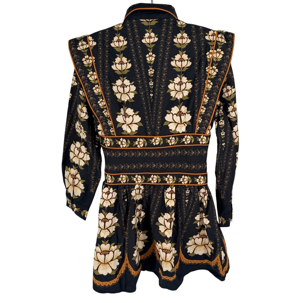 Farm Rio Black Embroidered Flowers Topstitching Long Sleeve Mini Dress Boho NEW - Picture 3 of 13